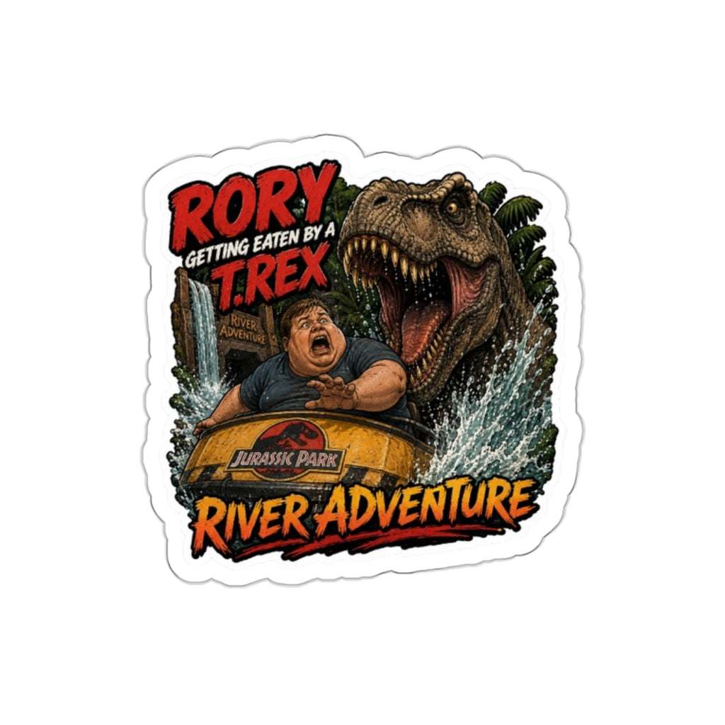 Jurassic Park River Adventure Sticker — “Rory Getting Eaten by a T. Rex” Die-Cut